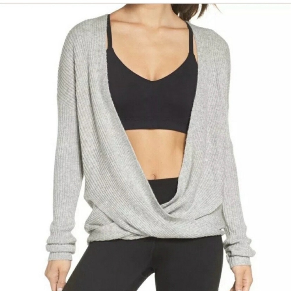 Zella Athleisure Grey Ribbed Crossover Wrap Sweater Size S Yoga‎ Gym to Street